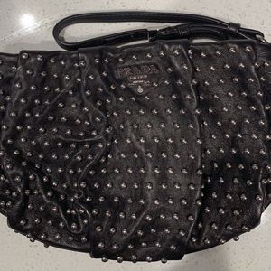 Prada Silver Studded Black Leather Pouch